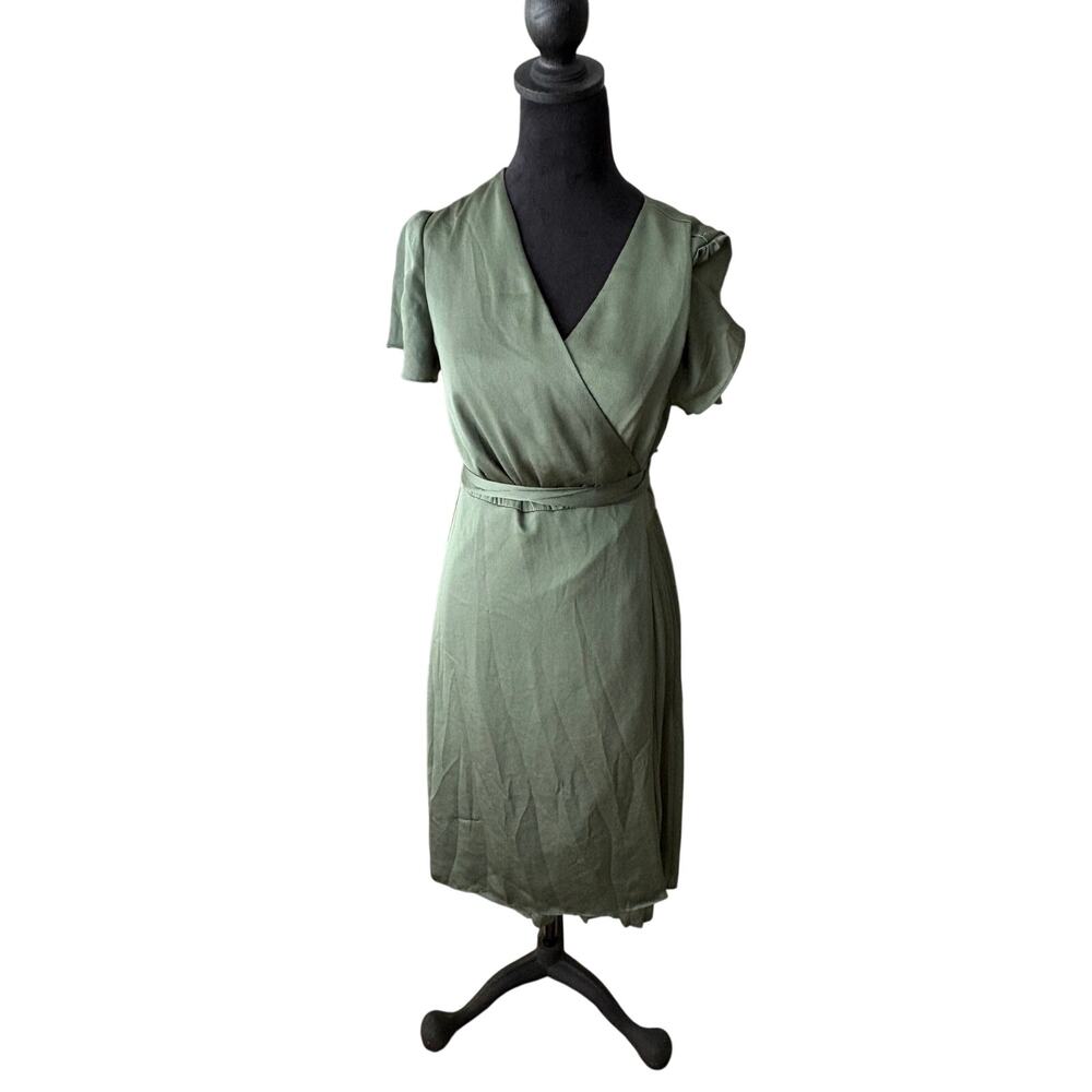 Banana Republic Olive Green Wrap Dress Size S Short Sleeve Tie Waist Knee Length